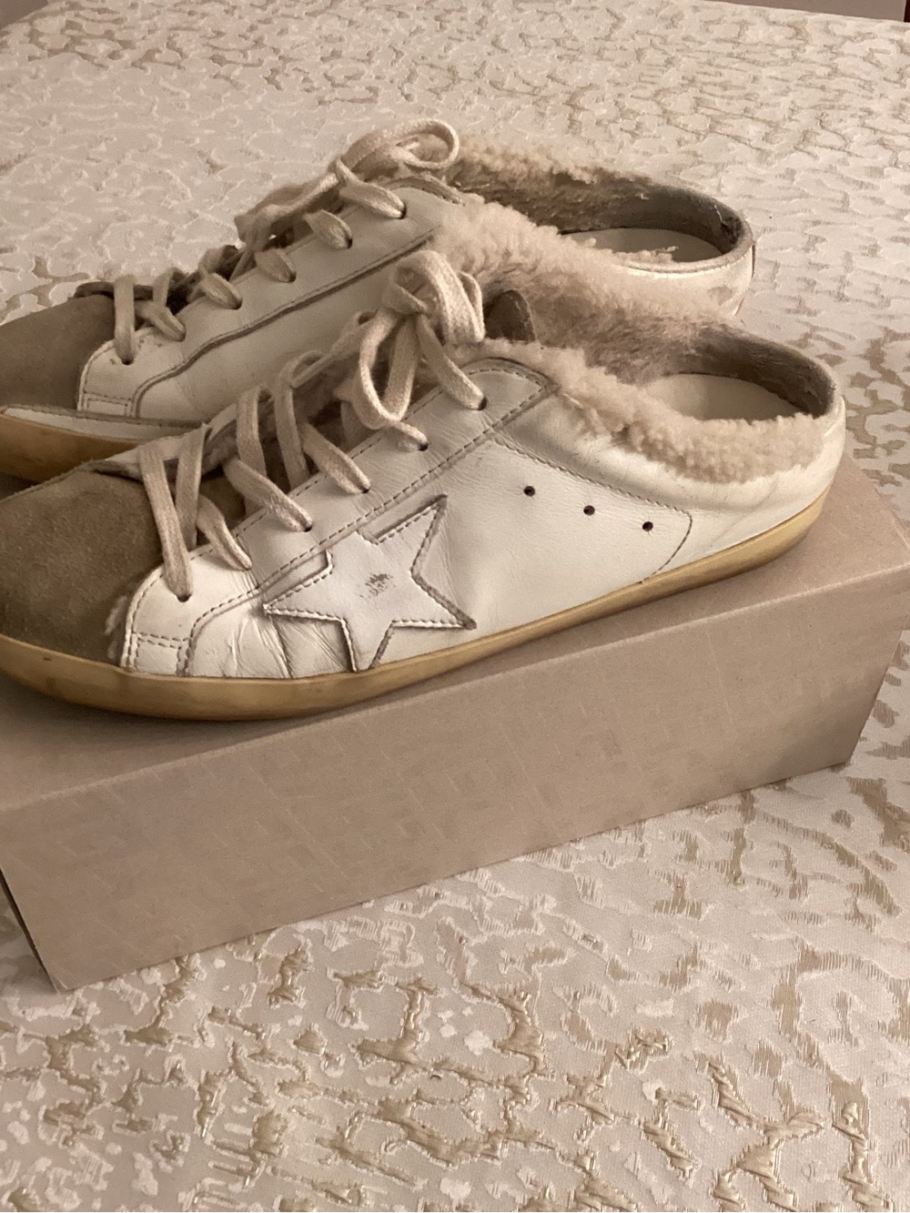 Golden Goose White and Beige Shearling-Lined Slip-On Mules